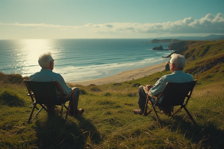 two retirees gazing out at the ocean