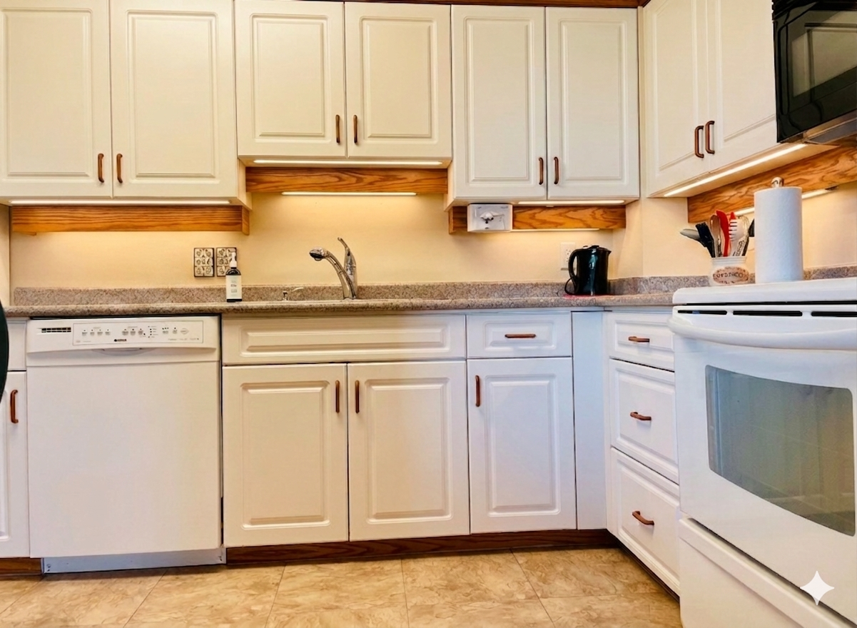 255belkit1 | Apartments Homes Suites for Rent Victoria BC White kitchen with upper and lower white cabinets beige countertop sink dishwasher and a stove