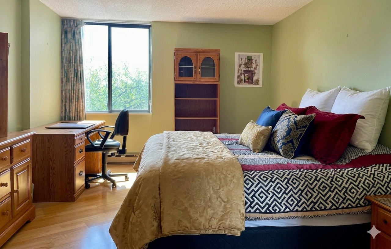 255bellevillenebr | Apartments Homes Suites for Rent Victoria BC Sunlit bedroom with green walls a bed layered with a geometric blue and white cover and multicolored pillows and wooden desks and shelves nearby