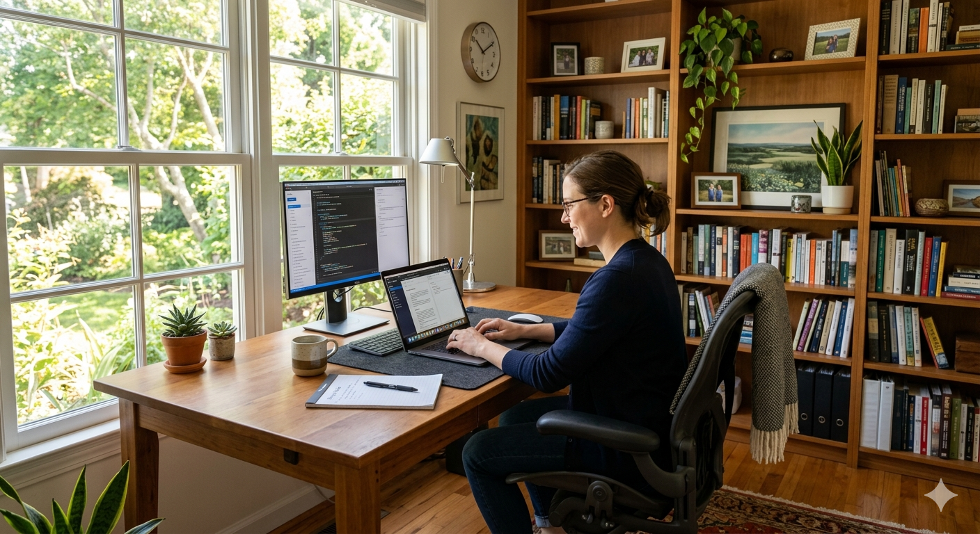 Woman seated at a wooden desk in a sunlit home office typing on a laptop with a large external monitor displaying code surrounded by bookshelves and plants