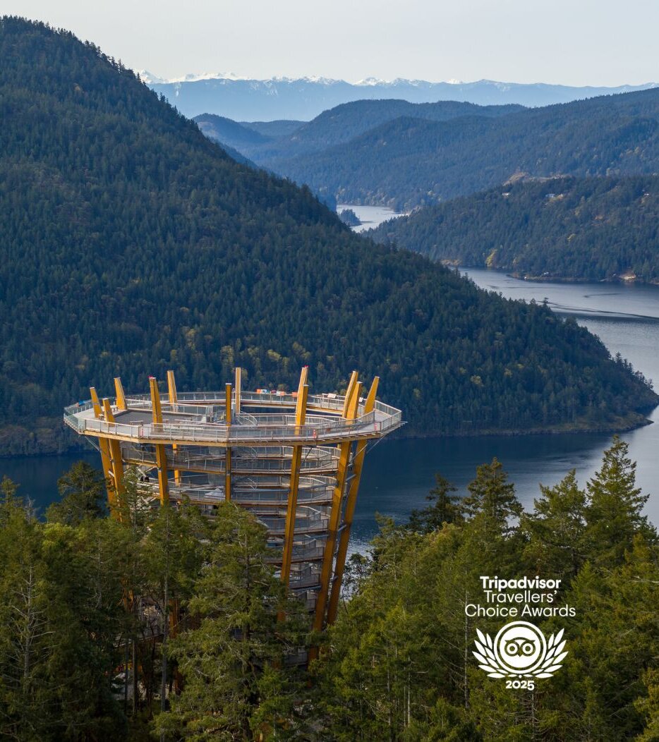 Orange circular observation tower among pine trees beside a blue lake mountains in the distance with a 2025 TripAdvisor Travelers Choice Awards badge