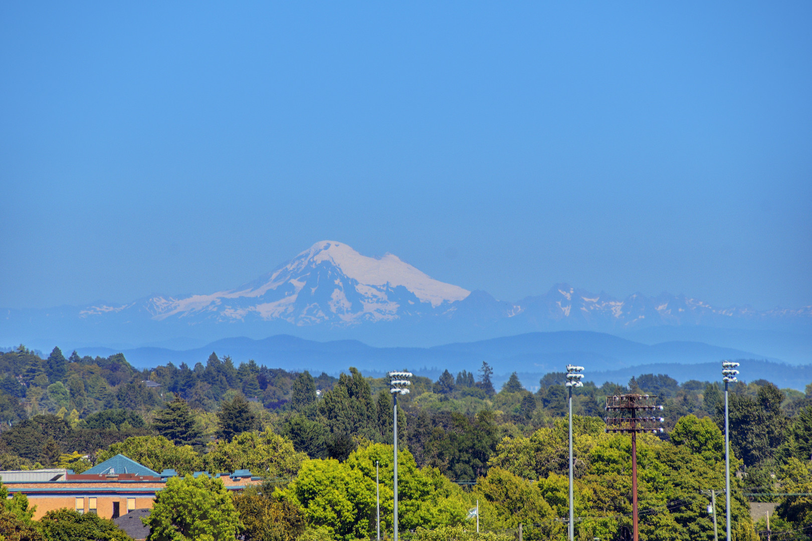 110650 | Apartments Homes Suites for Rent Victoria BC Snow capped mountain rising above a tree lined landscape with stadium lights and buildings in the foreground under a clear blue sky