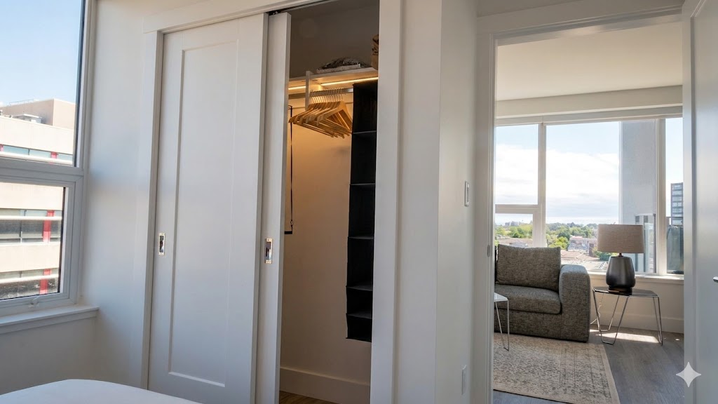1106bdcloset | Apartments Homes Suites for Rent Victoria BC Bright bedroom with an open sliding closet showing hanging clothes and black shelving adjacent to a doorway to a sunlit living area beneath large windows