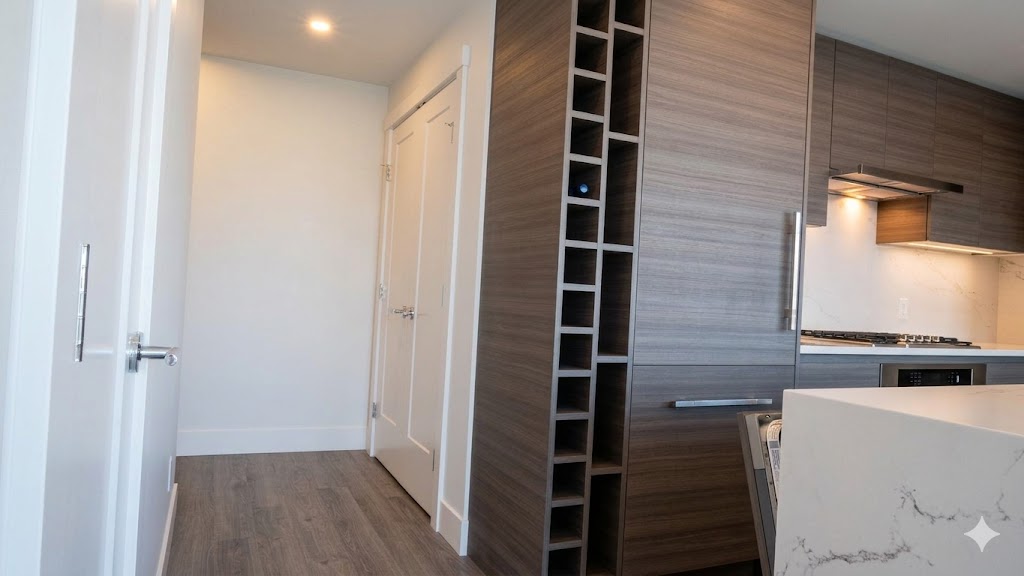 1106kitchen3 | Apartments Homes Suites for Rent Victoria BC Modern kitchen with dark wood cabinets built in wine rack stainless steel stove and hood and white marble island